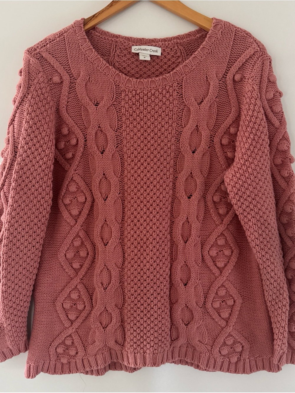 Coldwater Creek Cabled Crew Neck Shaker Sweater Womens Medium Pink Bobble Knit